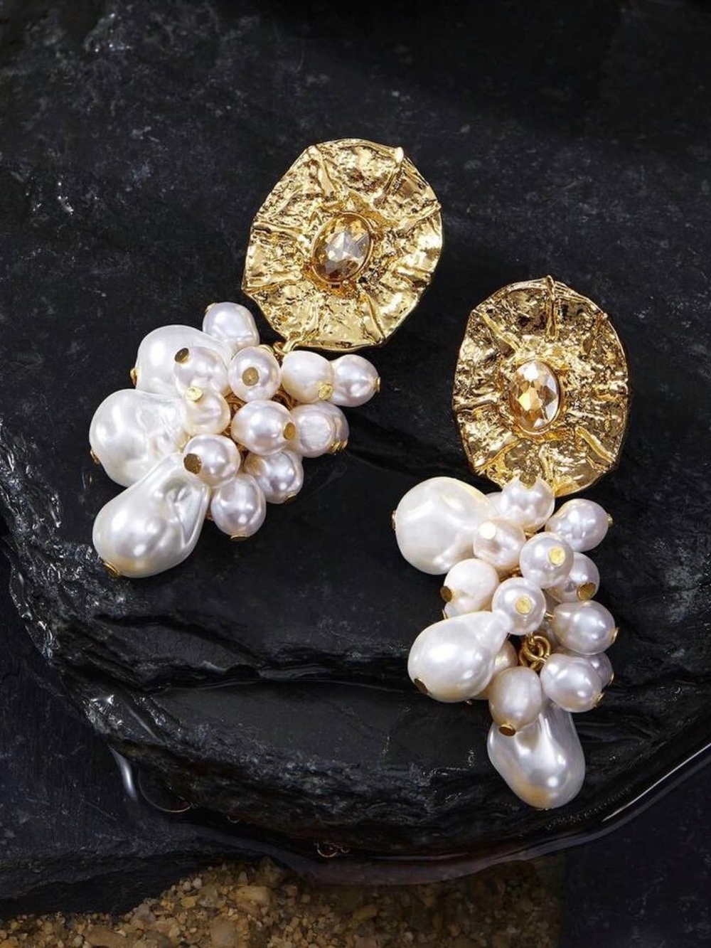 Gold and White Pearl Cluster Drop Earrings - Picture 2 of 3